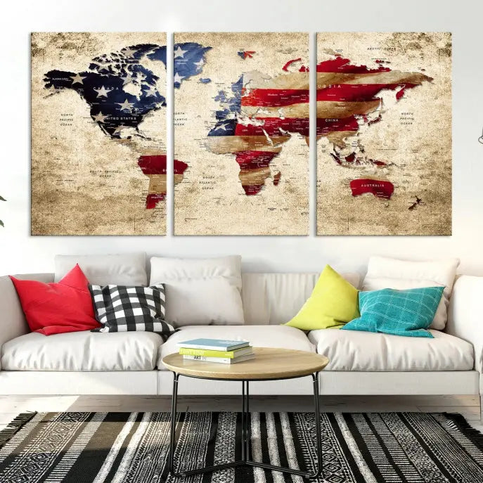 The Push Pin World Map with US Flag Background Canvas Wall Art World Map Print adorns a museum-quality canvas. Its vibrant colors are preserved by a UV-protective coating.