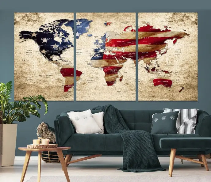 The Push Pin World Map with US Flag Background Canvas Wall Art World Map Print adorns a museum-quality canvas. Its vibrant colors are preserved by a UV-protective coating.