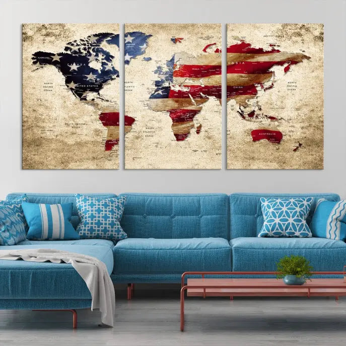 The Push Pin World Map with US Flag Background Canvas Wall Art World Map Print adorns a museum-quality canvas. Its vibrant colors are preserved by a UV-protective coating.