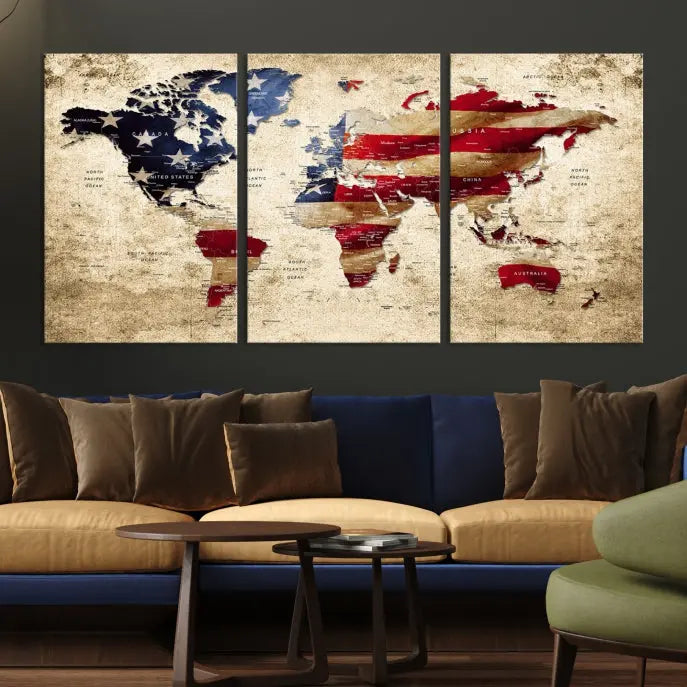 The Push Pin World Map with US Flag Background Canvas Wall Art World Map Print adorns a museum-quality canvas. Its vibrant colors are preserved by a UV-protective coating.