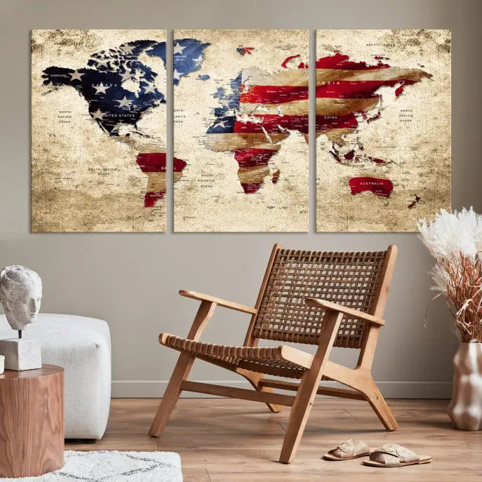 The Push Pin World Map with US Flag Background Canvas Wall Art World Map Print adorns a museum-quality canvas. Its vibrant colors are preserved by a UV-protective coating.