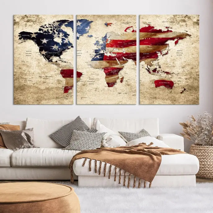 The Push Pin World Map with US Flag Background Canvas Wall Art World Map Print adorns a museum-quality canvas. Its vibrant colors are preserved by a UV-protective coating.