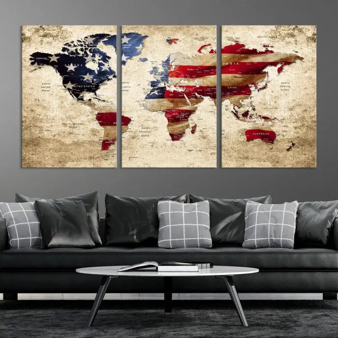 The Push Pin World Map with US Flag Background Canvas Wall Art World Map Print adorns a museum-quality canvas. Its vibrant colors are preserved by a UV-protective coating.