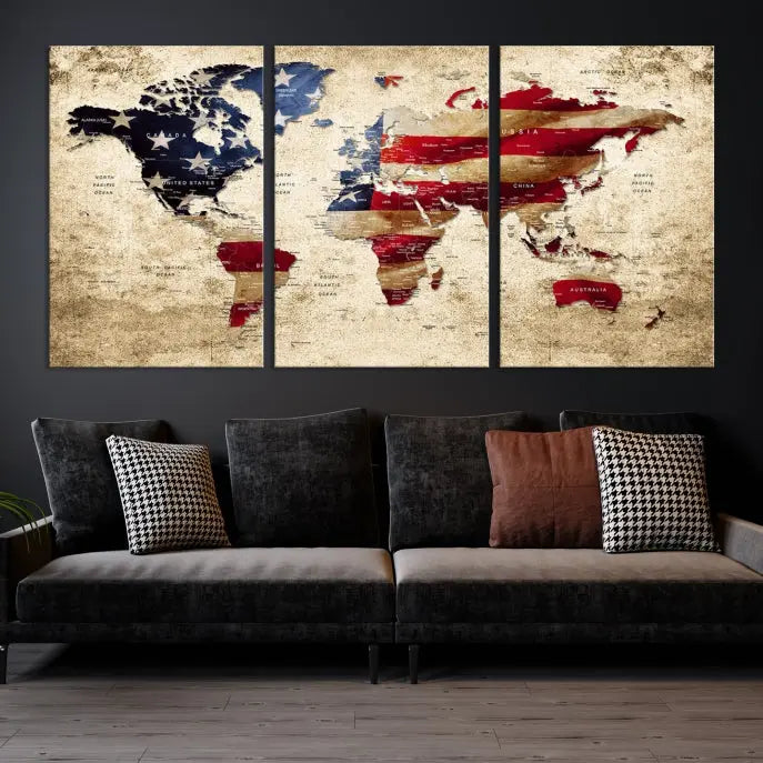 The Push Pin World Map with US Flag Background Canvas Wall Art World Map Print adorns a museum-quality canvas. Its vibrant colors are preserved by a UV-protective coating.