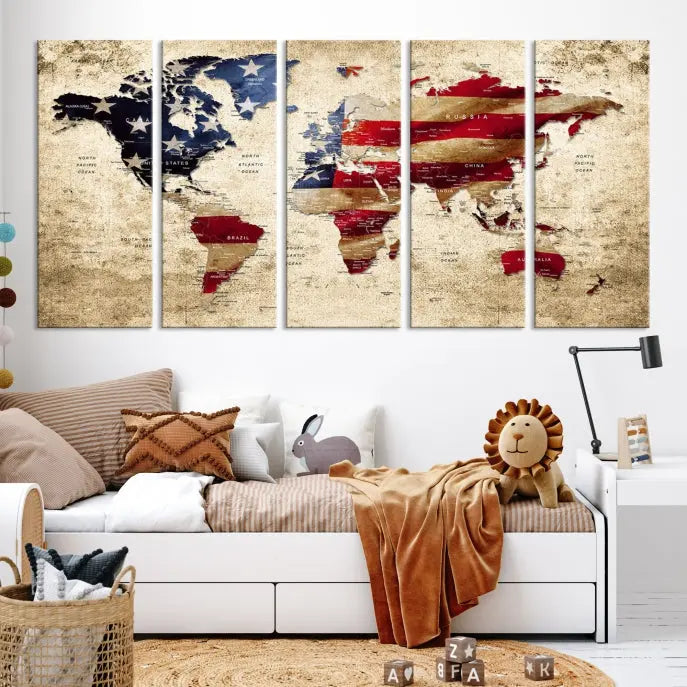 The Push Pin World Map with US Flag Background Canvas Wall Art World Map Print adorns a museum-quality canvas. Its vibrant colors are preserved by a UV-protective coating.