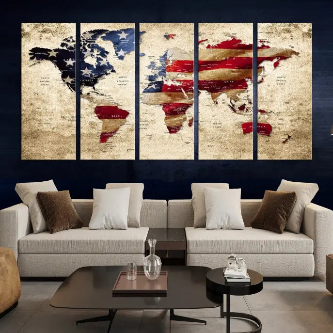 The Push Pin World Map with US Flag Background Canvas Wall Art World Map Print adorns a museum-quality canvas. Its vibrant colors are preserved by a UV-protective coating.