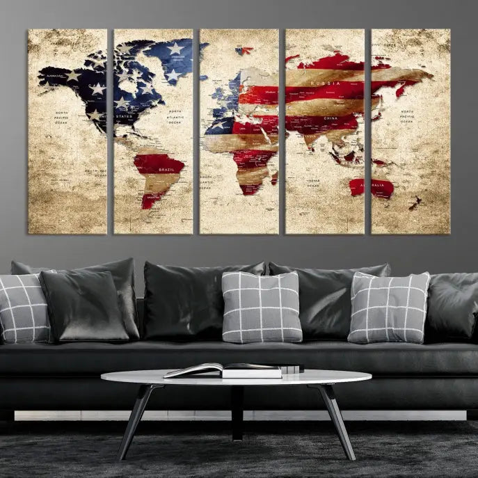 The Push Pin World Map with US Flag Background Canvas Wall Art World Map Print adorns a museum-quality canvas. Its vibrant colors are preserved by a UV-protective coating.