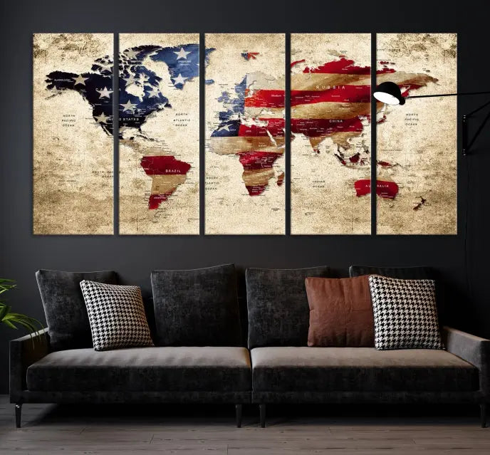 The Push Pin World Map with US Flag Background Canvas Wall Art World Map Print adorns a museum-quality canvas. Its vibrant colors are preserved by a UV-protective coating.