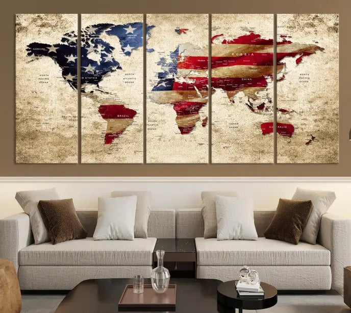 The Push Pin World Map with US Flag Background Canvas Wall Art World Map Print adorns a museum-quality canvas. Its vibrant colors are preserved by a UV-protective coating.