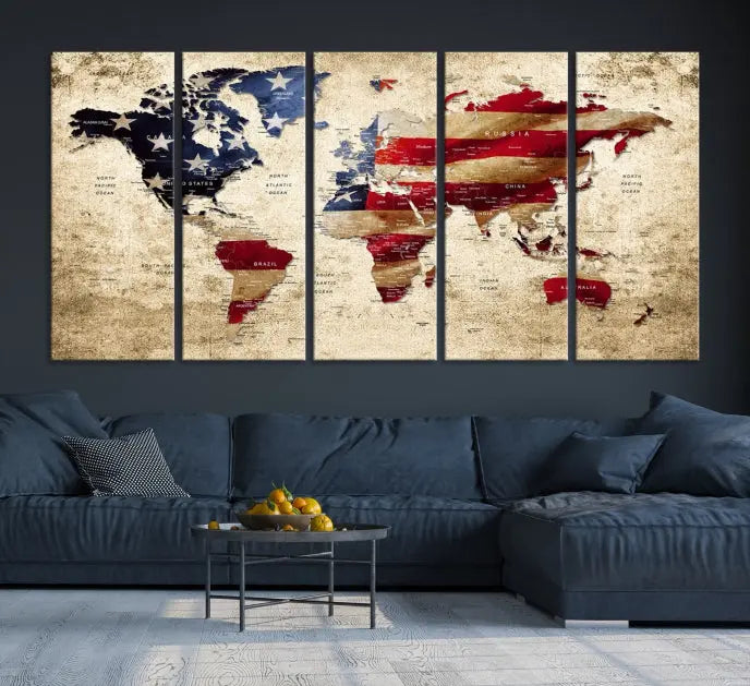 The Push Pin World Map with US Flag Background Canvas Wall Art World Map Print adorns a museum-quality canvas. Its vibrant colors are preserved by a UV-protective coating.