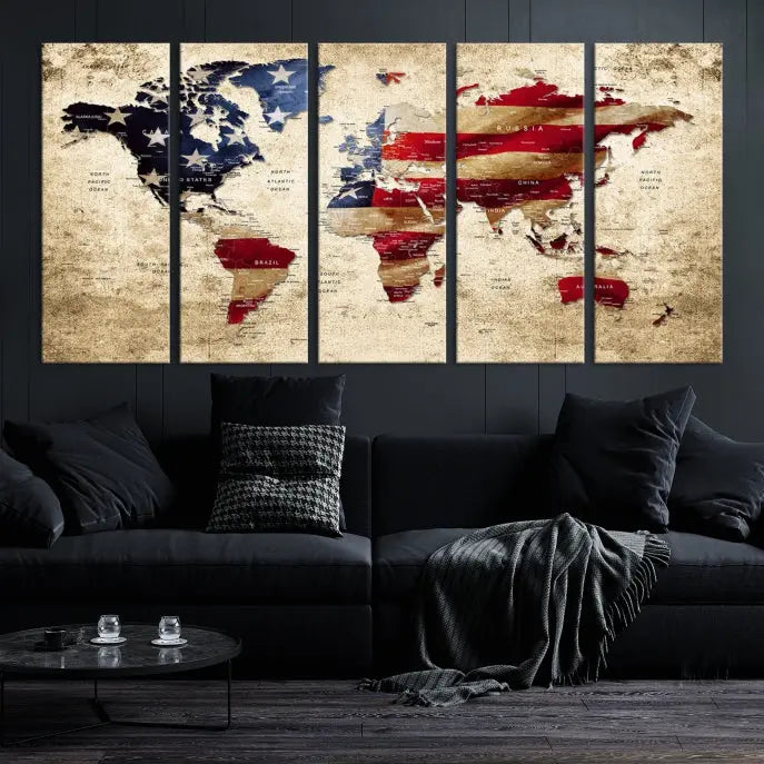 The Push Pin World Map with US Flag Background Canvas Wall Art World Map Print adorns a museum-quality canvas. Its vibrant colors are preserved by a UV-protective coating.