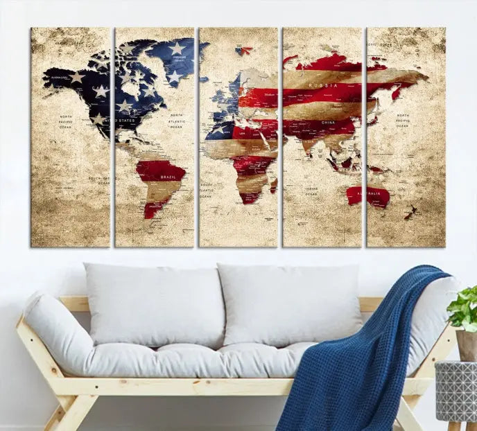 The Push Pin World Map with US Flag Background Canvas Wall Art World Map Print adorns a museum-quality canvas. Its vibrant colors are preserved by a UV-protective coating.