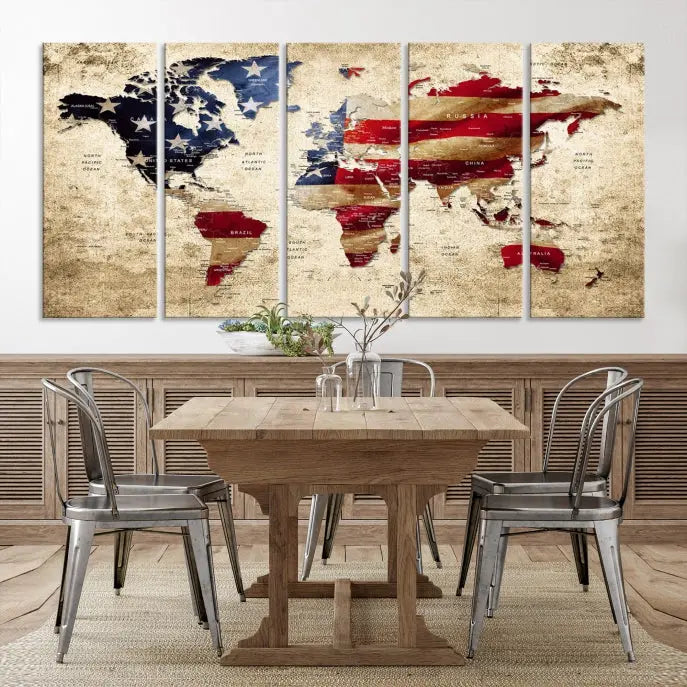 The Push Pin World Map with US Flag Background Canvas Wall Art World Map Print adorns a museum-quality canvas. Its vibrant colors are preserved by a UV-protective coating.