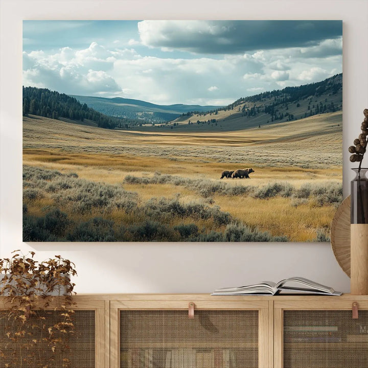 The Queen of the Tetons canvas showcases Grizzly 399 cubs as gallery-quality wall art, perfect for rustic dining decor.