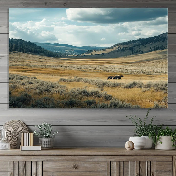 The Queen of the Tetons canvas showcases Grizzly 399 cubs as gallery-quality wall art, perfect for rustic dining decor.