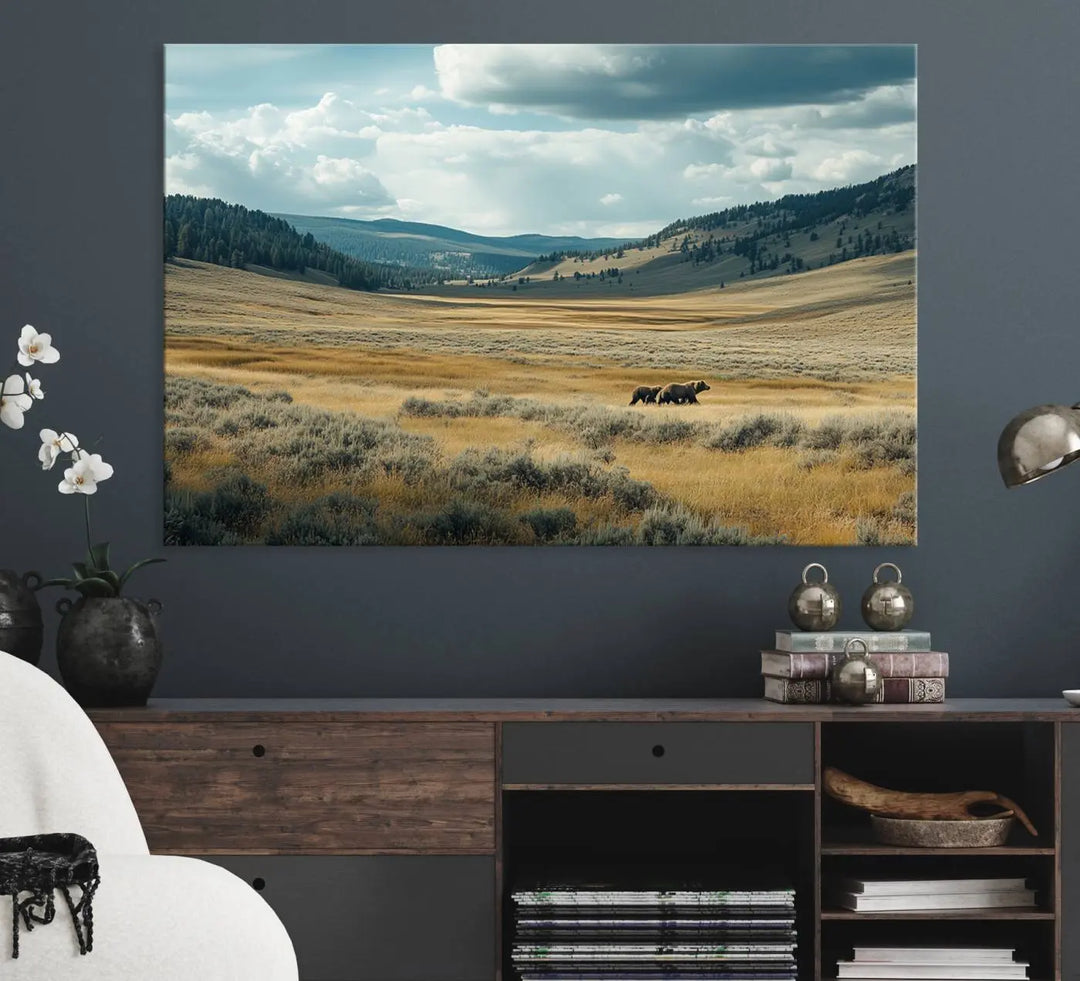 The Queen of the Tetons canvas showcases Grizzly 399 cubs as gallery-quality wall art, perfect for rustic dining decor.