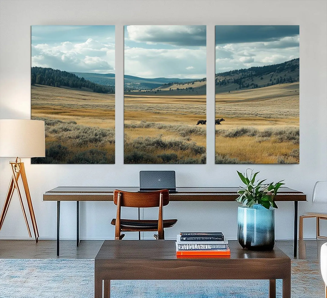 The Queen of the Tetons canvas showcases Grizzly 399 cubs as gallery-quality wall art, perfect for rustic dining decor.