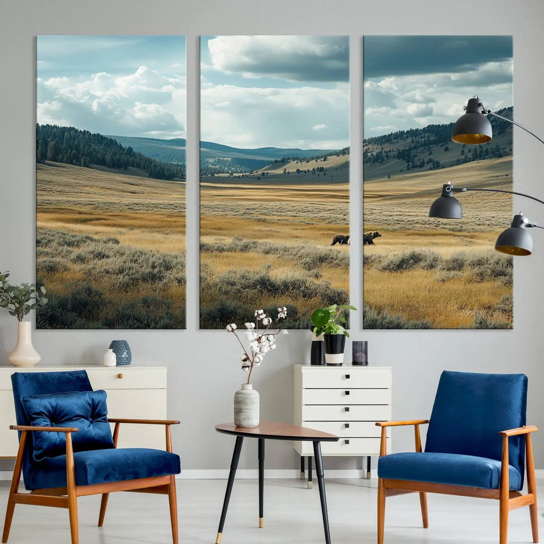 The Queen of the Tetons canvas showcases Grizzly 399 cubs as gallery-quality wall art, perfect for rustic dining decor.