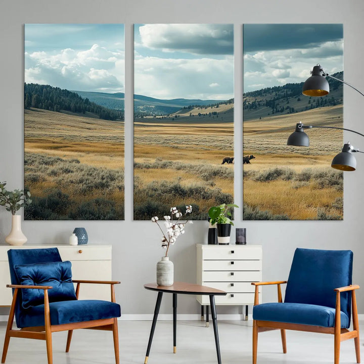 The Queen of the Tetons canvas showcases Grizzly 399 cubs as gallery-quality wall art, perfect for rustic dining decor.