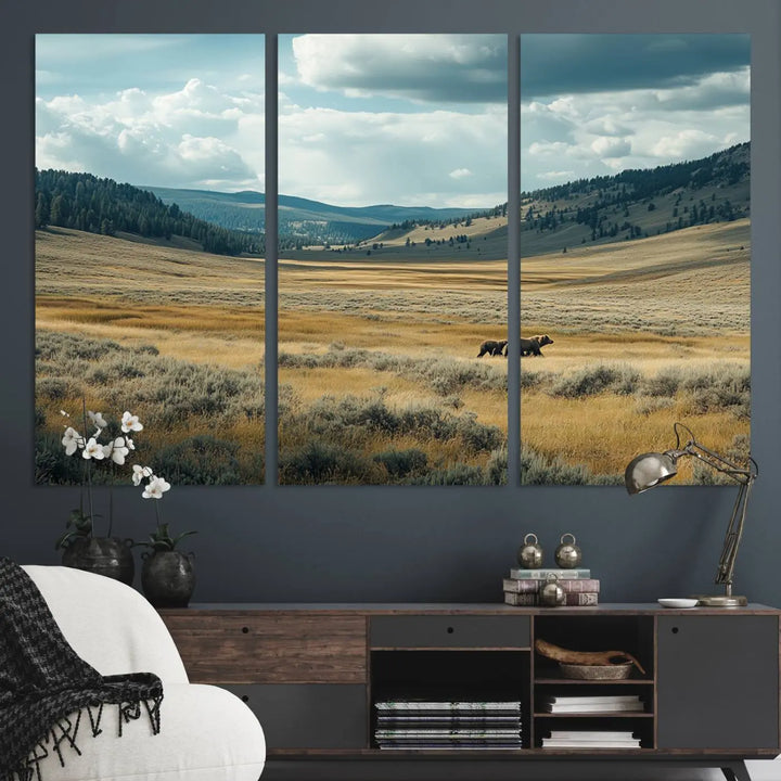 The Queen of the Tetons canvas showcases Grizzly 399 cubs as gallery-quality wall art, perfect for rustic dining decor.