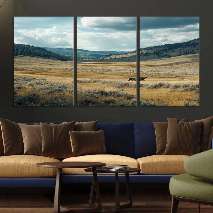 The Queen of the Tetons canvas showcases Grizzly 399 cubs as gallery-quality wall art, perfect for rustic dining decor.