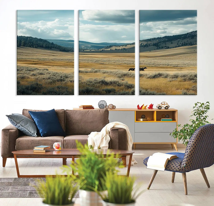 The Queen of the Tetons canvas showcases Grizzly 399 cubs as gallery-quality wall art, perfect for rustic dining decor.