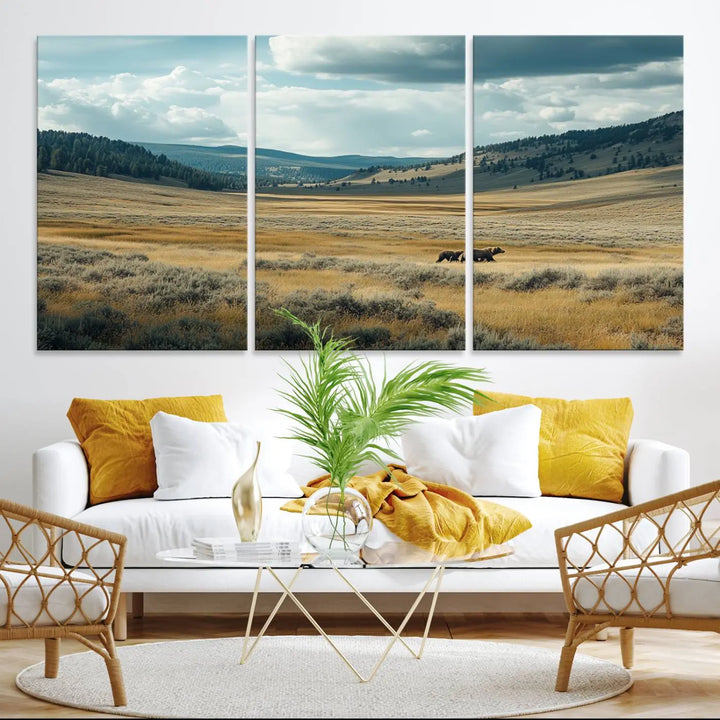 The Queen of the Tetons canvas showcases Grizzly 399 cubs as gallery-quality wall art, perfect for rustic dining decor.