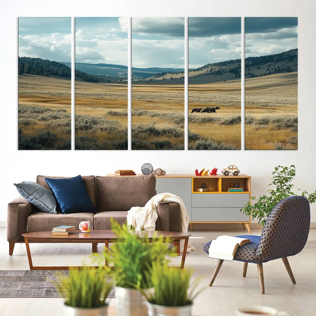 The Queen of the Tetons canvas showcases Grizzly 399 cubs as gallery-quality wall art, perfect for rustic dining decor.