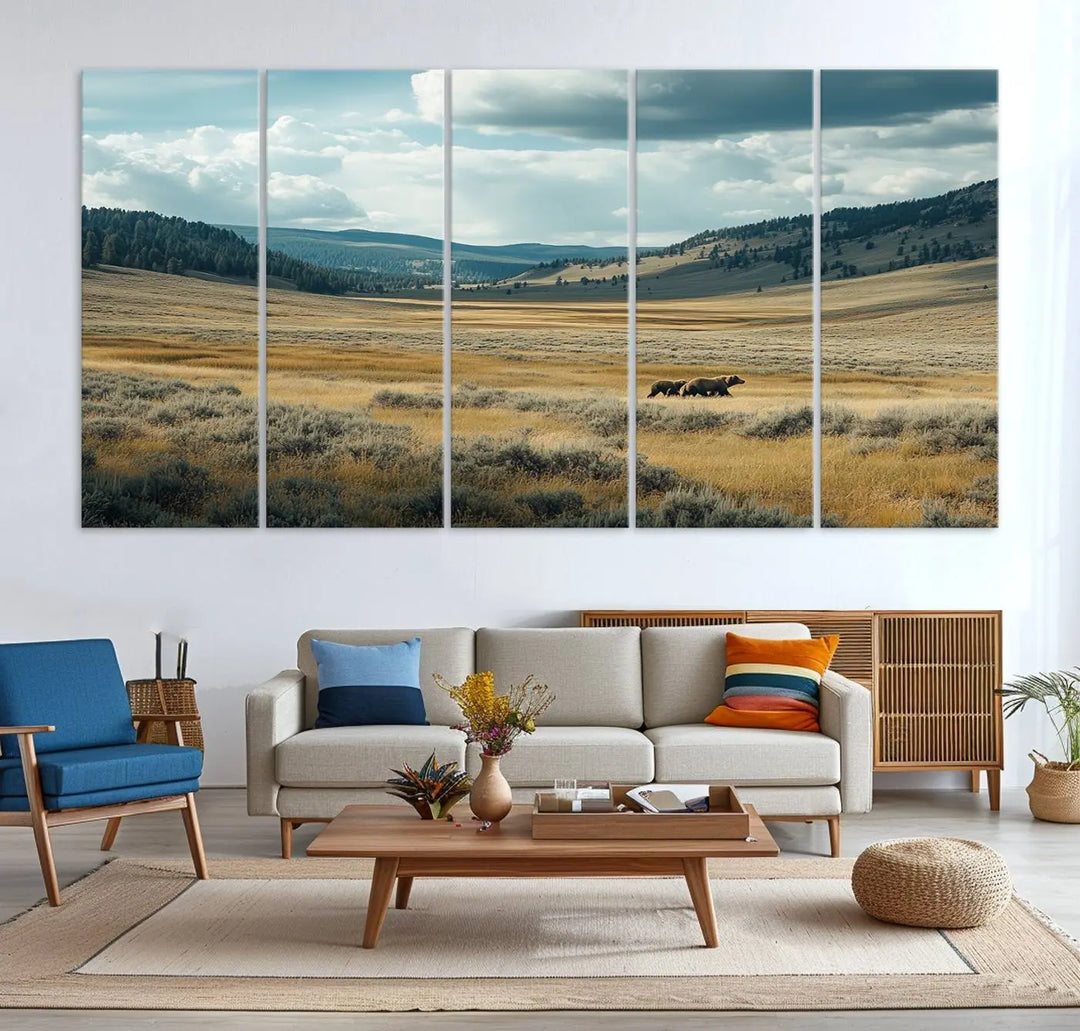 The Queen of the Tetons canvas showcases Grizzly 399 cubs as gallery-quality wall art, perfect for rustic dining decor.