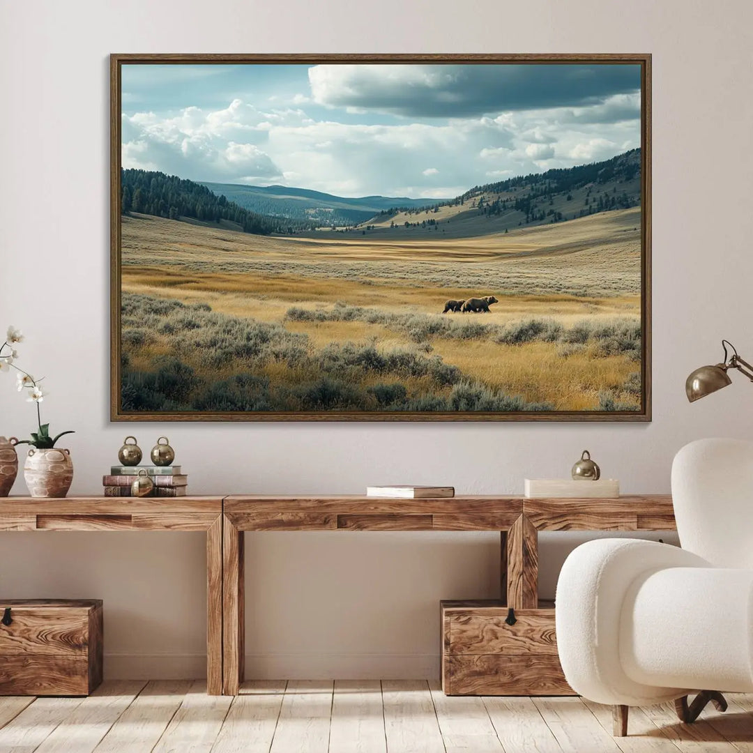 The Queen of the Tetons canvas showcases Grizzly 399 cubs as gallery-quality wall art, perfect for rustic dining decor.