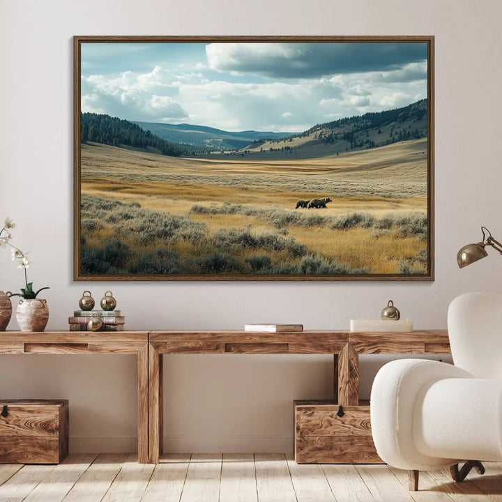 The Queen of the Tetons canvas showcases Grizzly 399 cubs as gallery-quality wall art, perfect for rustic dining decor.