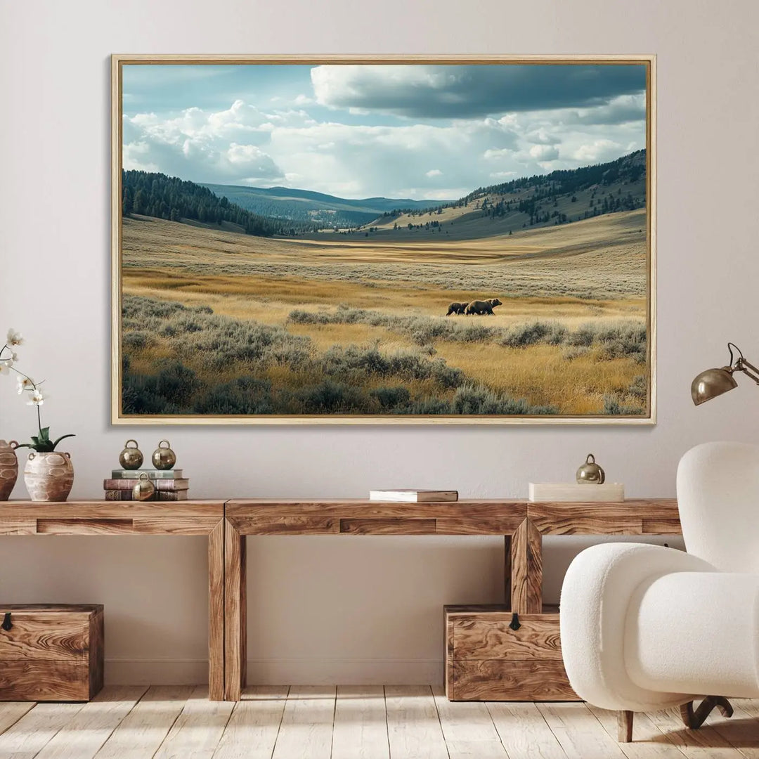 The Queen of the Tetons canvas showcases Grizzly 399 cubs as gallery-quality wall art, perfect for rustic dining decor.