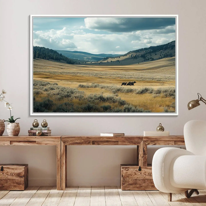 The Queen of the Tetons canvas showcases Grizzly 399 cubs as gallery-quality wall art, perfect for rustic dining decor.