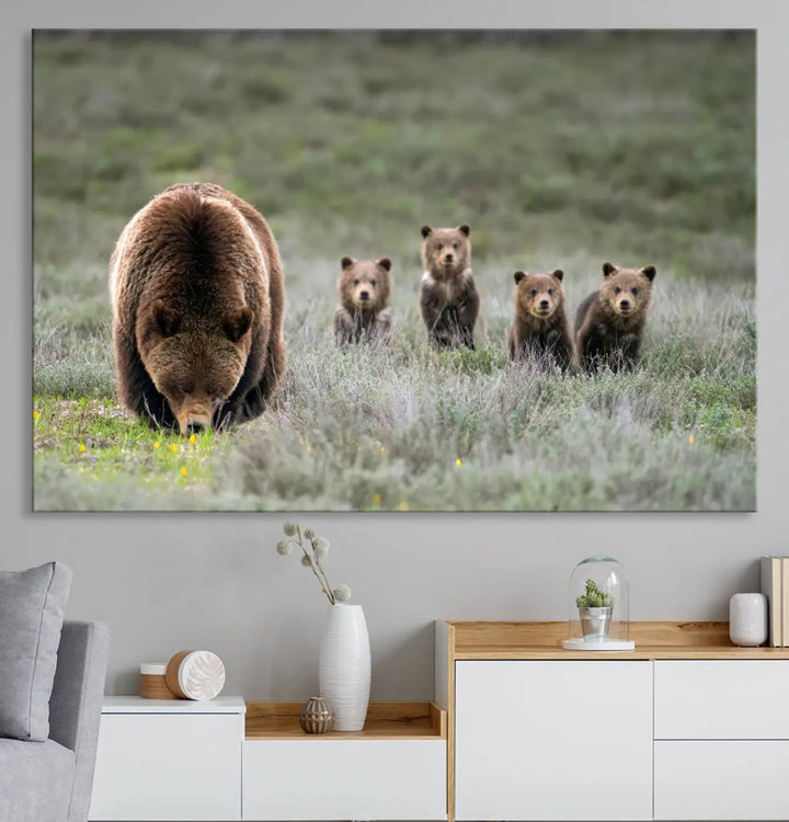 The kitchen features the Queen of the Tetons grizzly bear cubs canvas wall art print.