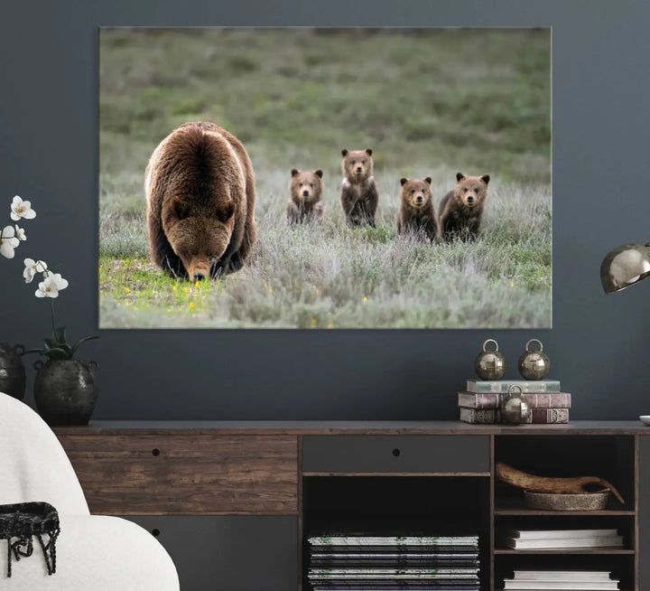 The kitchen features the Queen of the Tetons grizzly bear cubs canvas wall art print.