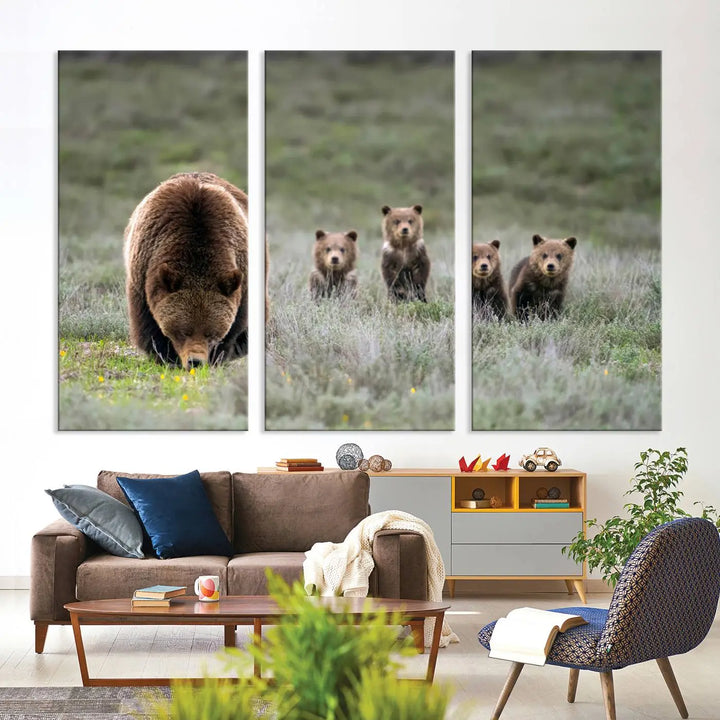 The kitchen features the Queen of the Tetons grizzly bear cubs canvas wall art print.