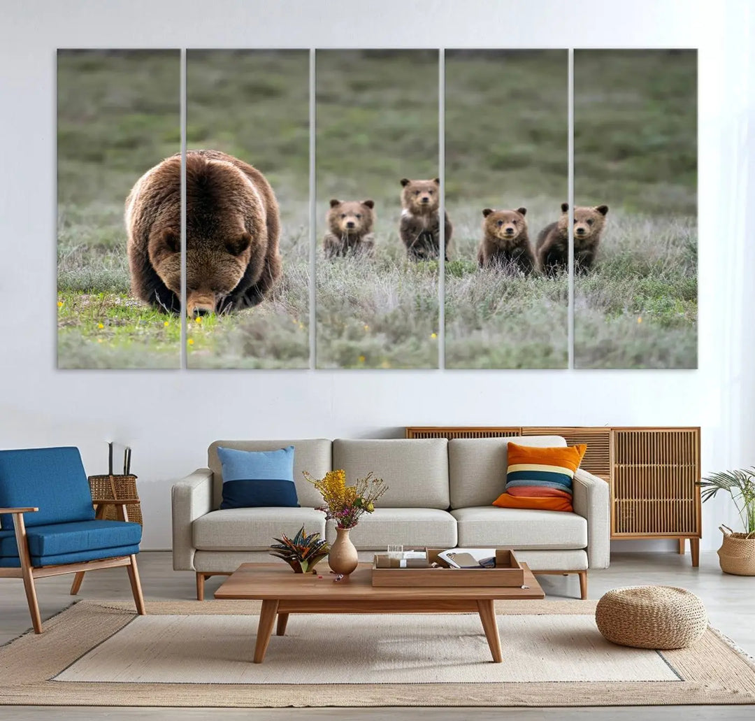 The kitchen features the Queen of the Tetons grizzly bear cubs canvas wall art print.