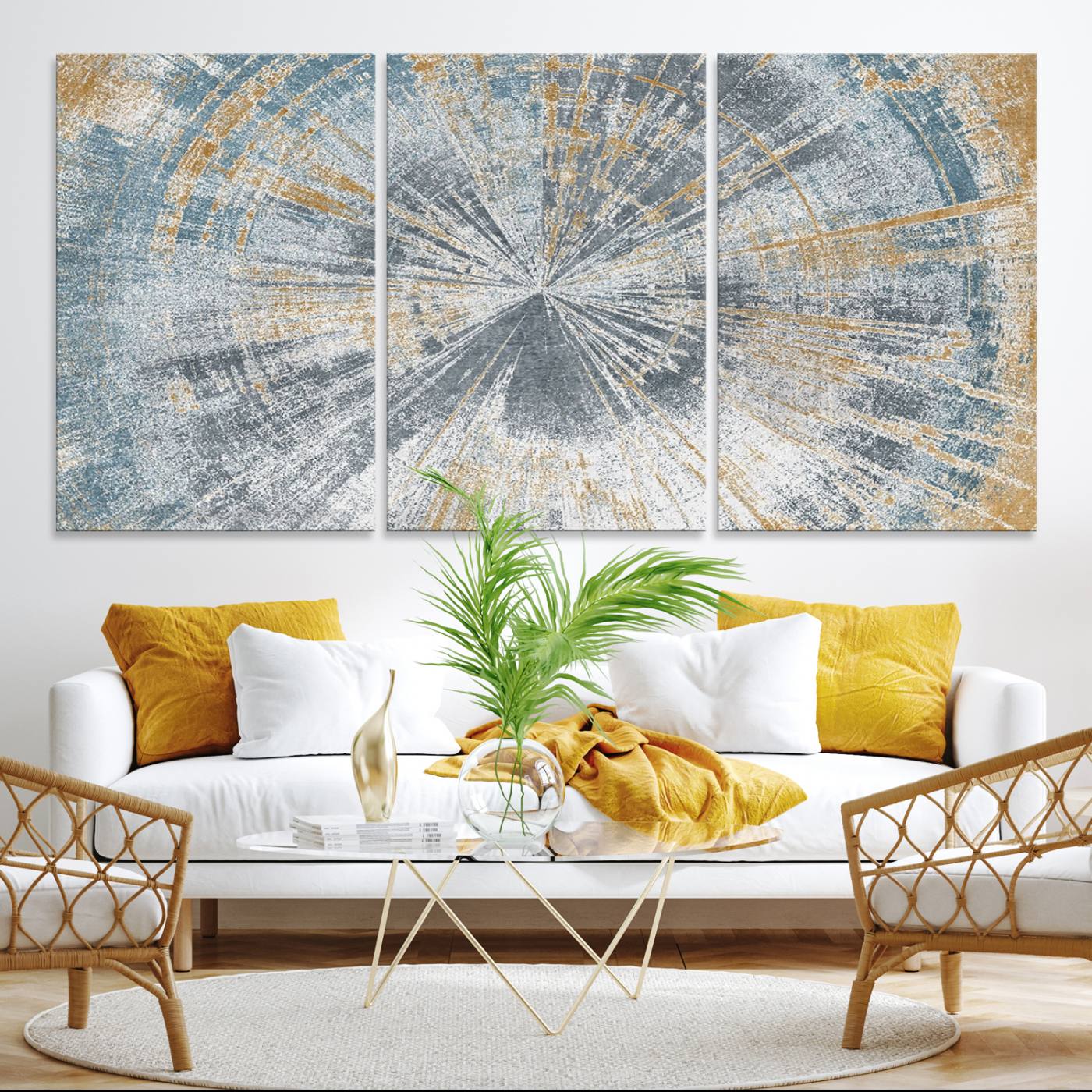 17631-MGV-CV-36X24-Radiant Abstract Wood Rings Canvas Art – Modern Triptych Wall Decor for Living Room or Farmhouse Decor