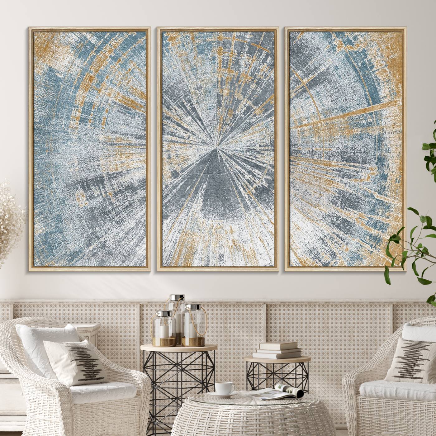 17631-MGV-CV-36X24-Radiant Abstract Wood Rings Canvas Art – Modern Triptych Wall Decor for Living Room or Farmhouse Decor