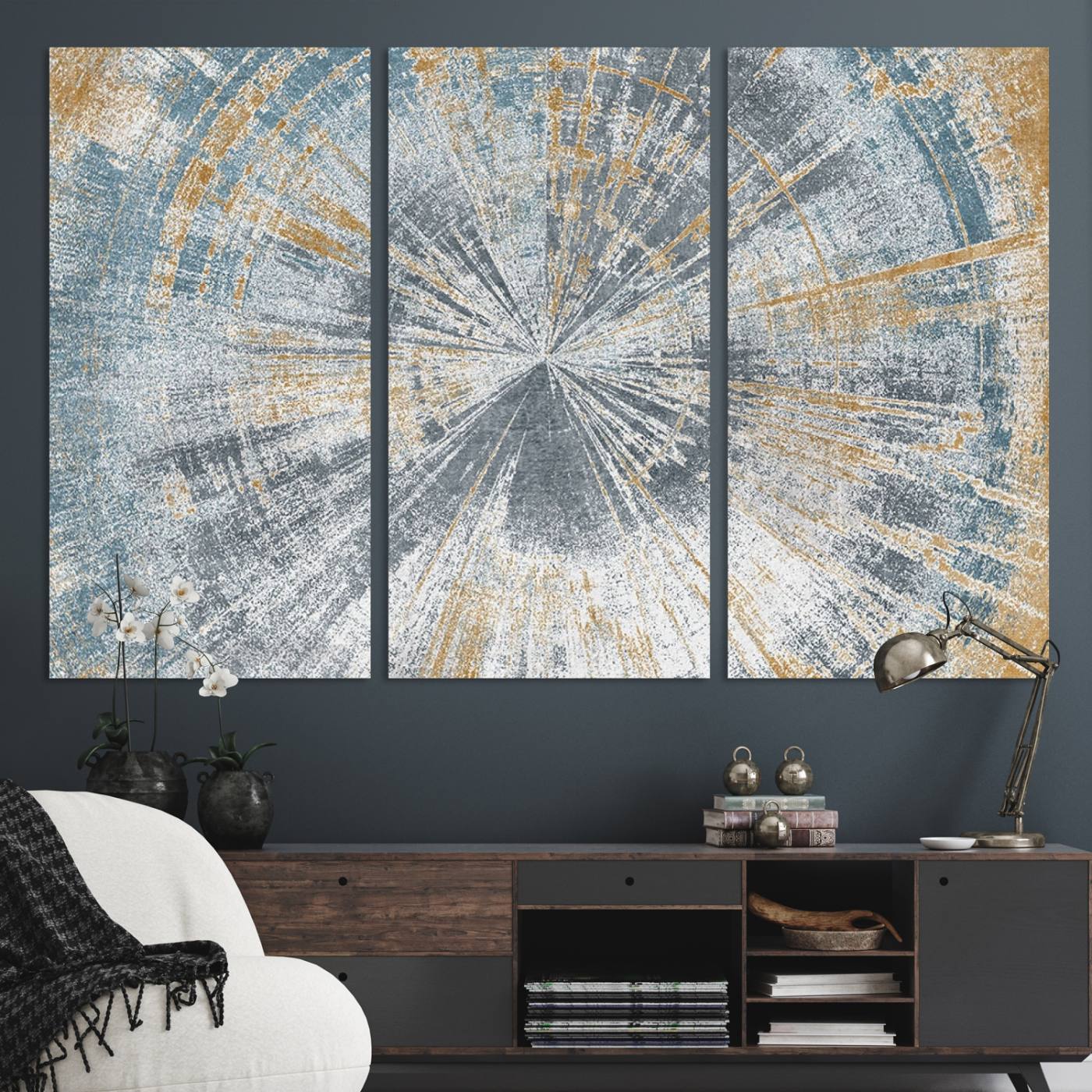 17631-MGV-CV-48X32-3P-Radiant Abstract Wood Rings Canvas Art – Modern Triptych Wall Decor for Living Room or Farmhouse Decor