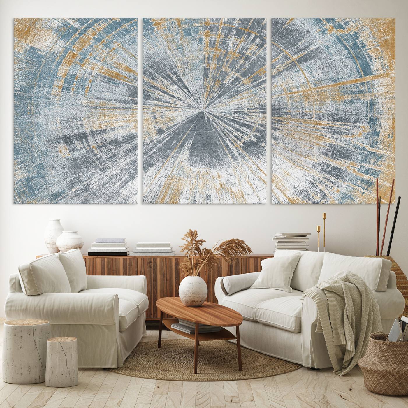 17631-MGV-CV-60X30-3P-Radiant Abstract Wood Rings Canvas Art – Modern Triptych Wall Decor for Living Room or Farmhouse Decor