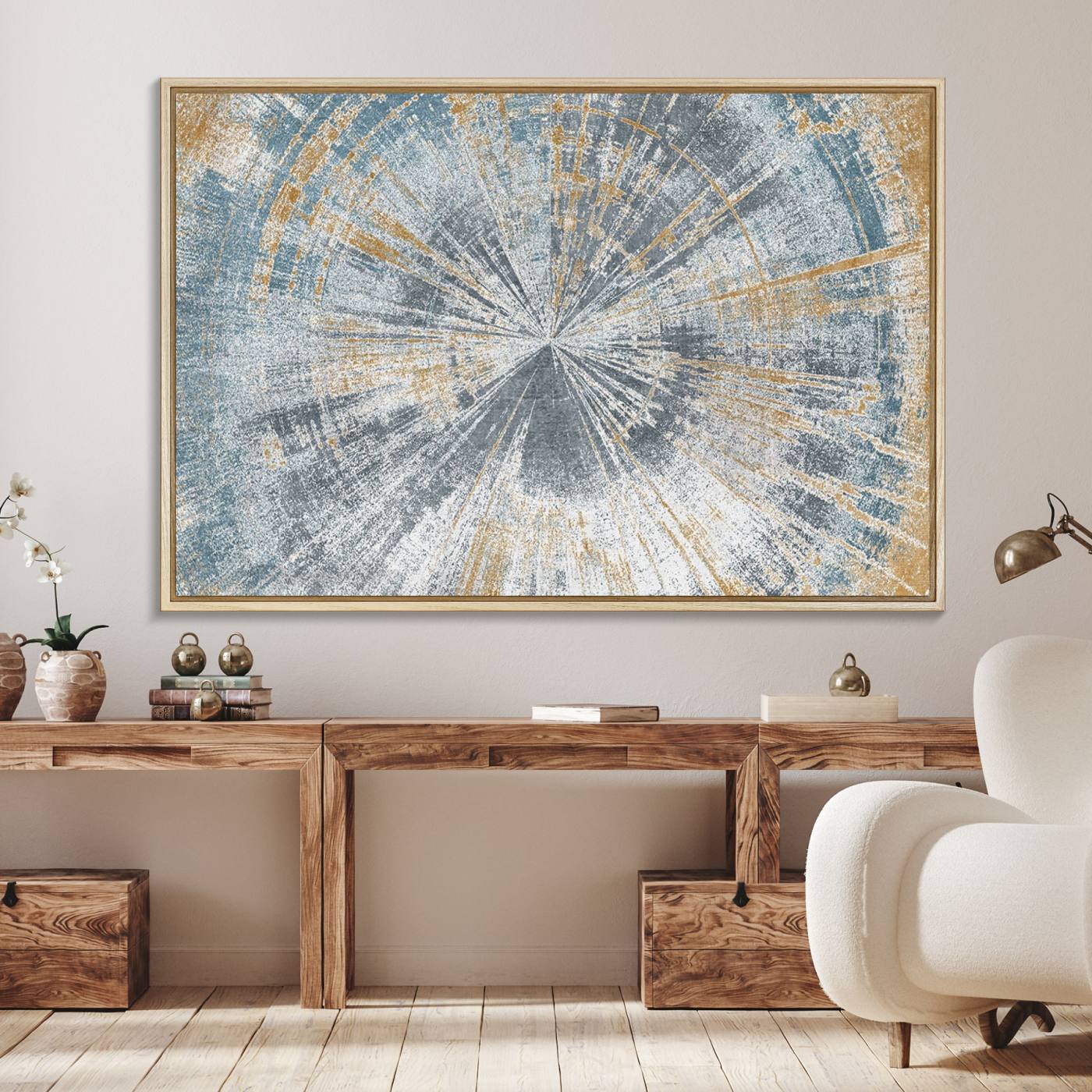 17631-MGV-FC-36X24_Natural-Radiant Abstract Wood Rings Canvas Art – Modern Triptych Wall Decor for Living Room or Farmhouse Decor