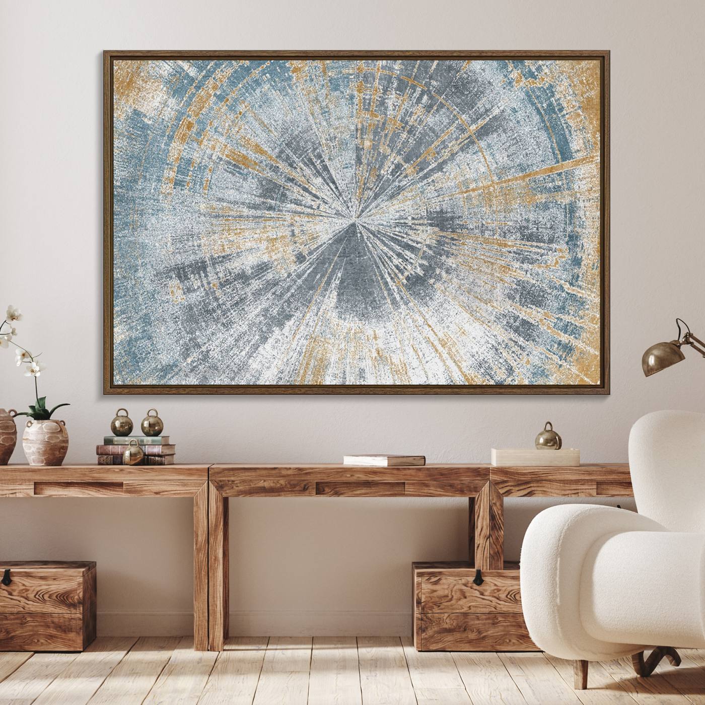 17631-MGV-FC-36X24_Walnut-Radiant Abstract Wood Rings Canvas Art – Modern Triptych Wall Decor for Living Room or Farmhouse Decor