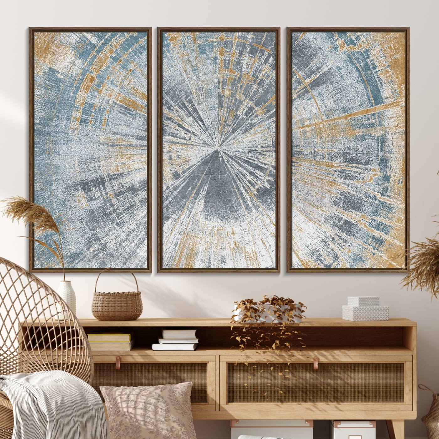 17631-MGV-FC-48X32-3P_Walnut-Radiant Abstract Wood Rings Canvas Art – Modern Triptych Wall Decor for Living Room or Farmhouse Decor