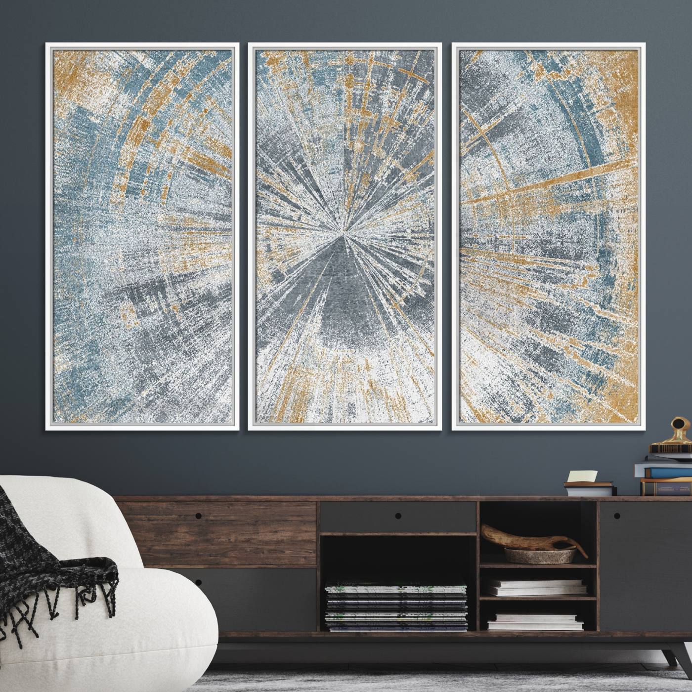 17631-MGV-FC-48X32-3P_White-Radiant Abstract Wood Rings Canvas Art – Modern Triptych Wall Decor for Living Room or Farmhouse Decor