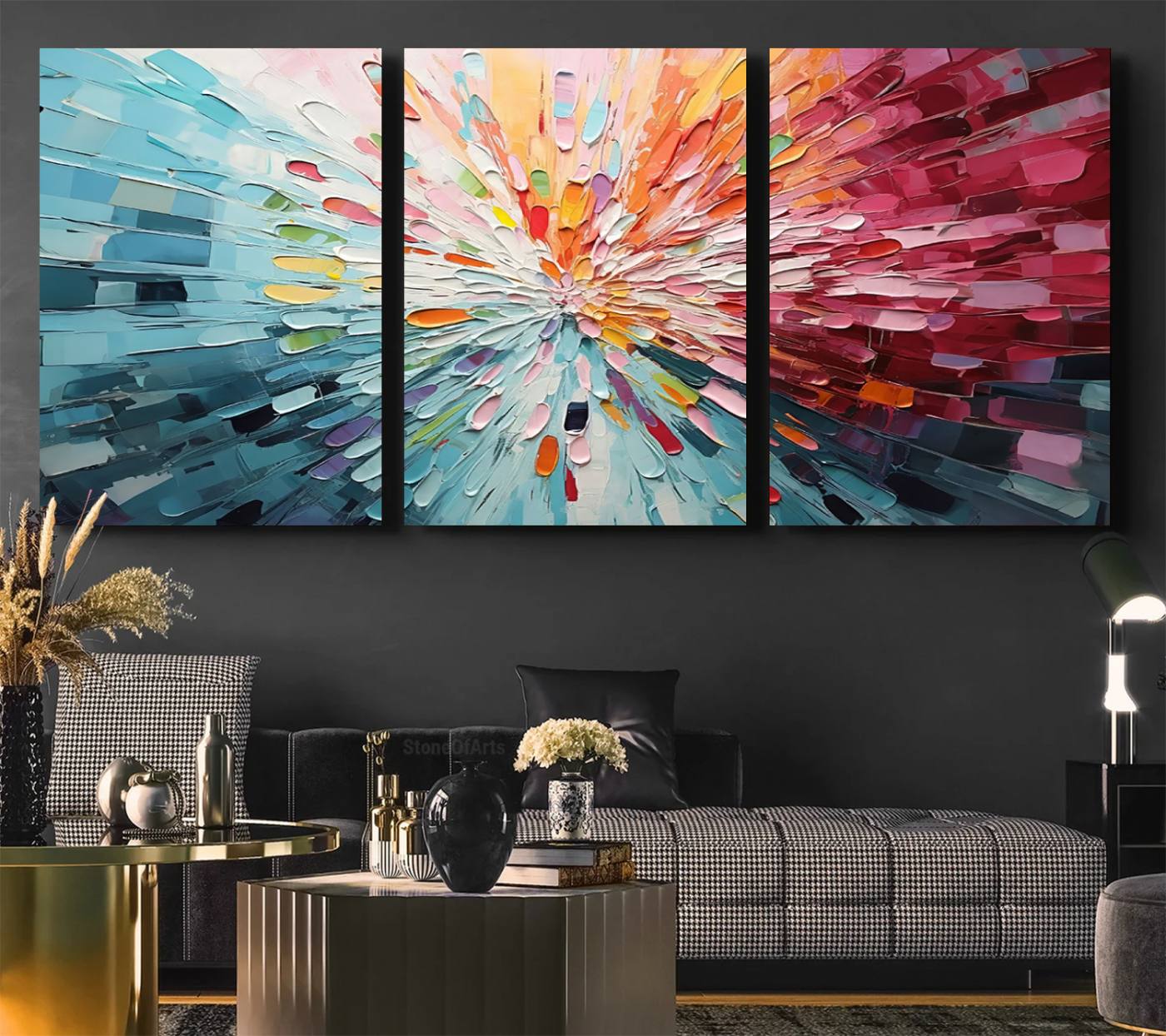 47065-MGV-CV-60X30-3P-Radiant Bloom Abstract Floral Wall Art Canvas Print - Colorful Burst - Modern Living Room Decor - Ready to Hang