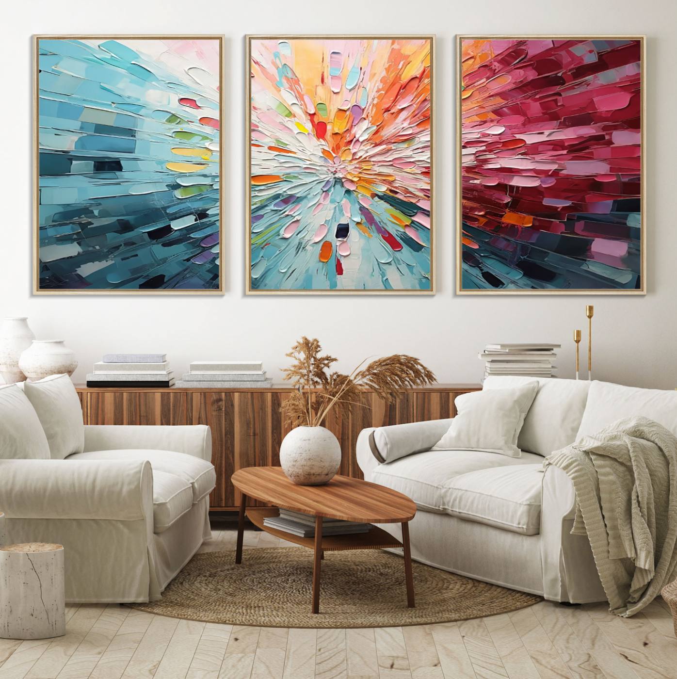 47065-MGV-FC-60X30-3P_Natural-Radiant Bloom Abstract Floral Wall Art Canvas Print - Colorful Burst - Modern Living Room Decor - Ready to Hang