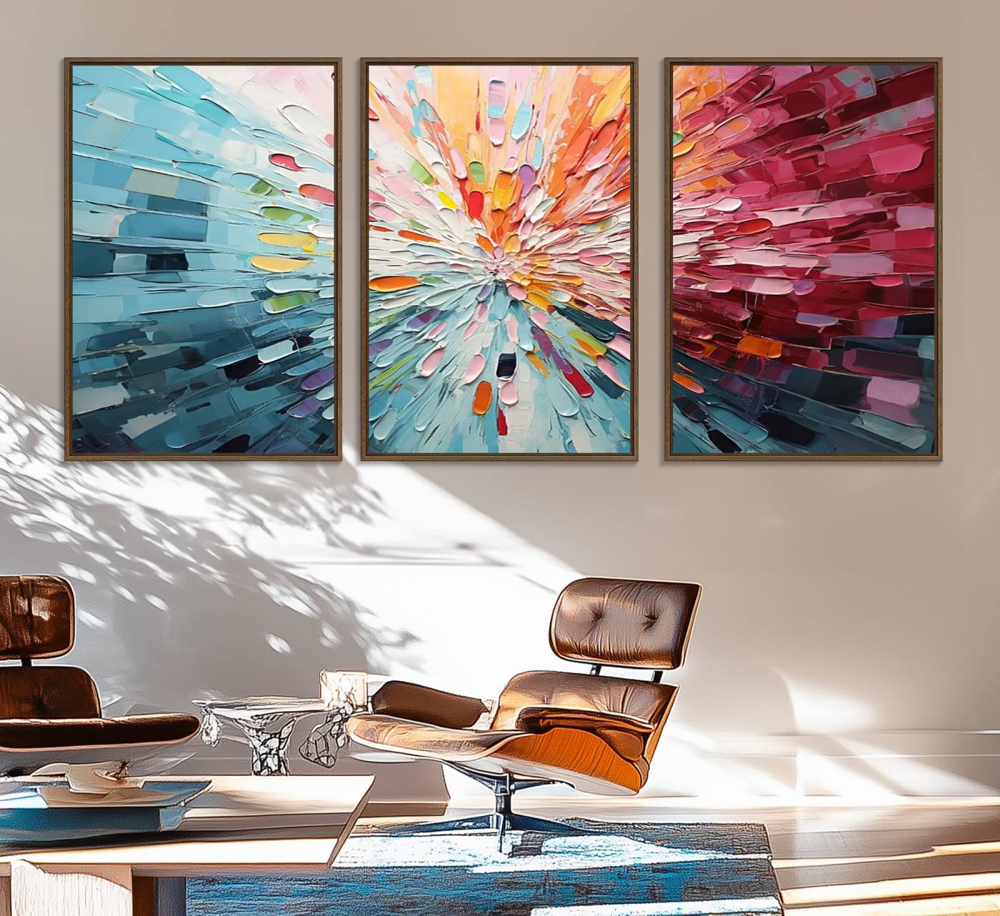 47065-MGV-FC-60X30-3P_Walnut-Radiant Bloom Abstract Floral Wall Art Canvas Print - Colorful Burst - Modern Living Room Decor - Ready to Hang