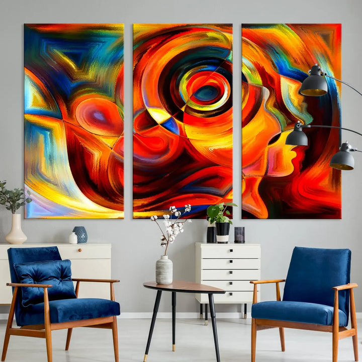 The "Radiant Colors Human Figures" wall art canvas print enhances the space with its vibrant abstract panels, showcasing swirling colors and dynamic shapes. The gallery-wrapped artwork is crafted from museum-quality polycotton and features a UV-protective coating, ensuring lasting beauty and elegance.