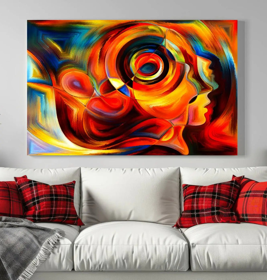 The "Radiant Colors Human Figures" wall art canvas print enhances the space with its vibrant abstract panels, showcasing swirling colors and dynamic shapes. The gallery-wrapped artwork is crafted from museum-quality polycotton and features a UV-protective coating, ensuring lasting beauty and elegance.